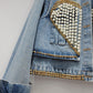 Women's Denim Coat Heart Beading Pearls Gold Rivets Loose Light Blue Long Sleeve Jackets