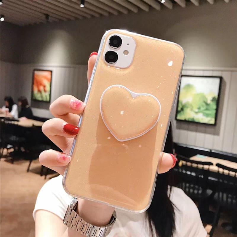 Candy Color Stand Holder Phone Case For iPhone 12 11 13 Pro Max XR XS Max X 6S 7 8 Plus 12 13 Pro Glitter Love Heart Back Cover