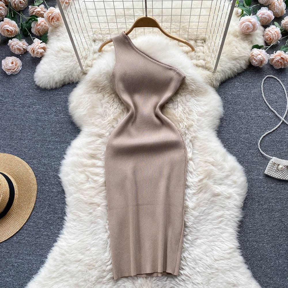 Summer Women Dress Sexy One Shoulder Knitted Bodycon Dress