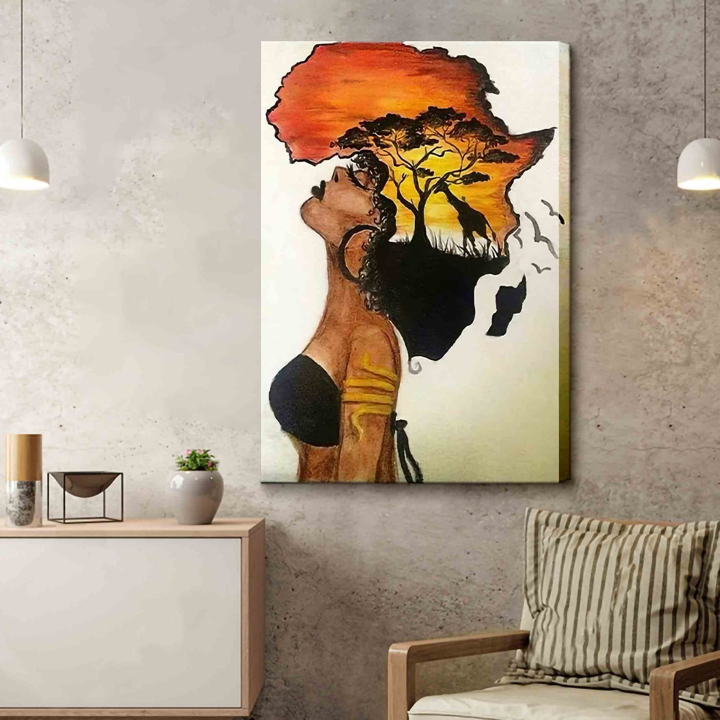 Framed African American Wall Art Homesick African Woman Posters Canvas Painting Black Girl Abstract African Sunset Landscape Wall Decor Picture Prints Art for Living Room Bedroom Home Decoration