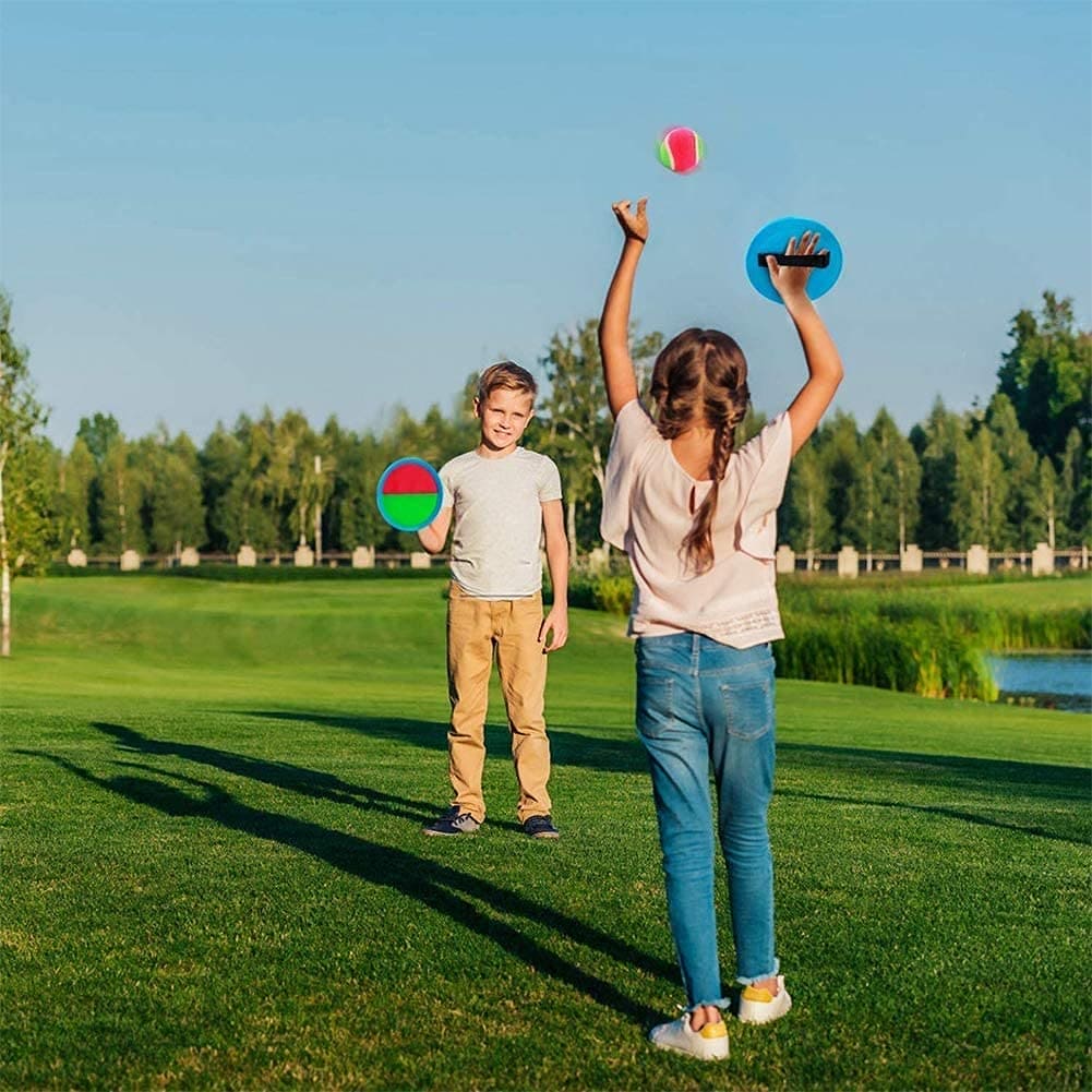 Toss and Catch Ball Set with Two Velcro Paddle Discs and Tennis Ball, Fun Outdoors Garden & Beach Toy Game for the Whole Family, Develops Hand-eye Coordination (Beach Catch It Game, 1 Set)