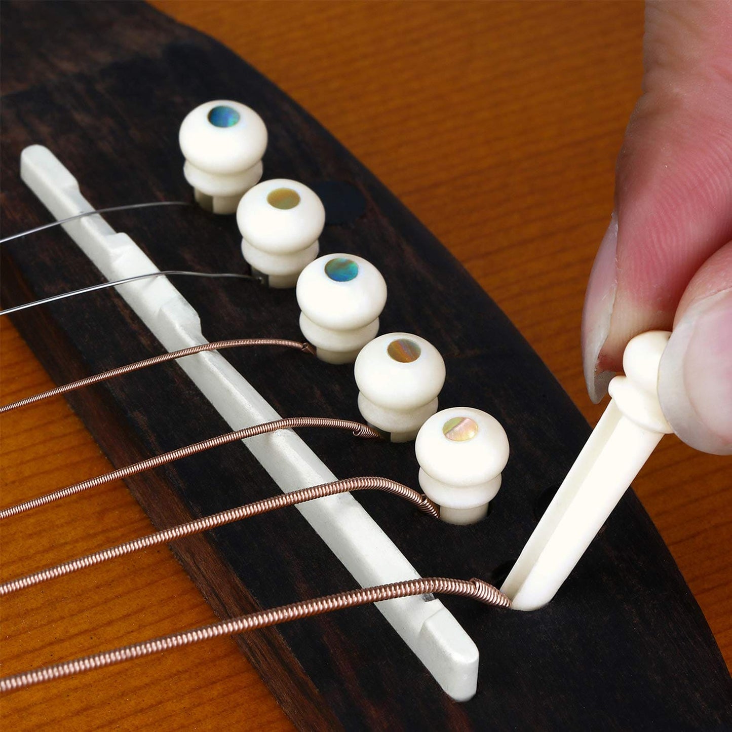 Donner Acoustic Guitar Bridge Pins, 6PCS White Bone Bridge Pins Inlaid 3mm Abalone Dot with Guitar Pins Puller and Sandpaper