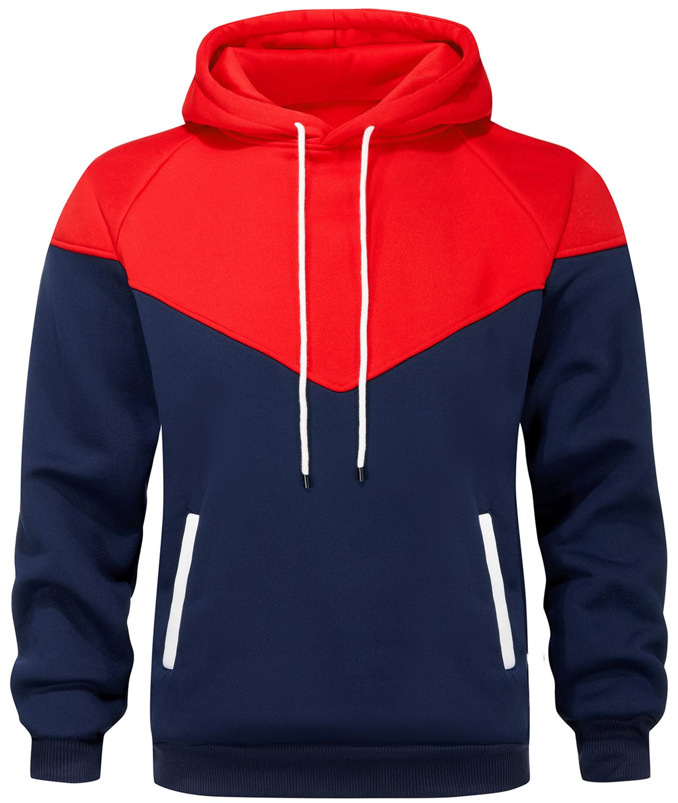 comefohome Mens Hoodies UK Pullover Color Block Sweatshirts Long Sleeve Fleece Hoody Drawstring Casual Designer Tops with Pockets Red Navy L