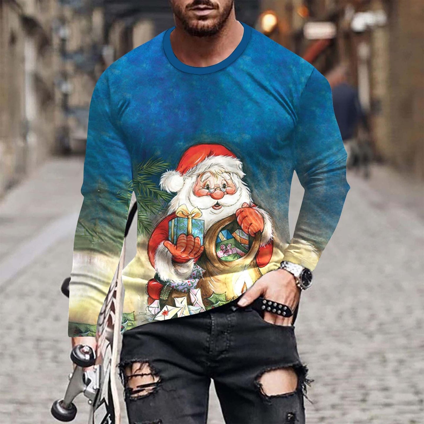 Christmas T Shirts Men UK Sale, Santa Claus Tshirt Christmas Tree Tops Casual Long Sleeve Xmas Pullover Crewneck Shirt Funny Ugly Sweatshirt Loose Fit Top Soft Comfortable Tees Plus Size M-4XL