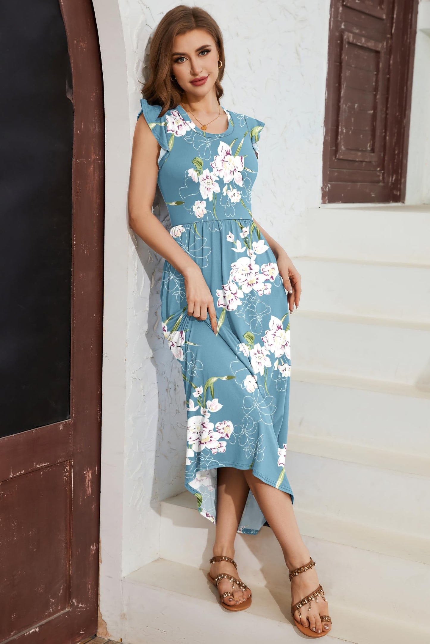 AUSELILY Maxi Dresses for Women UK Plus Size Casual Long Flowy Dress with Pockets Summer Dress for Beach,Dating,Party Floral Light Blue