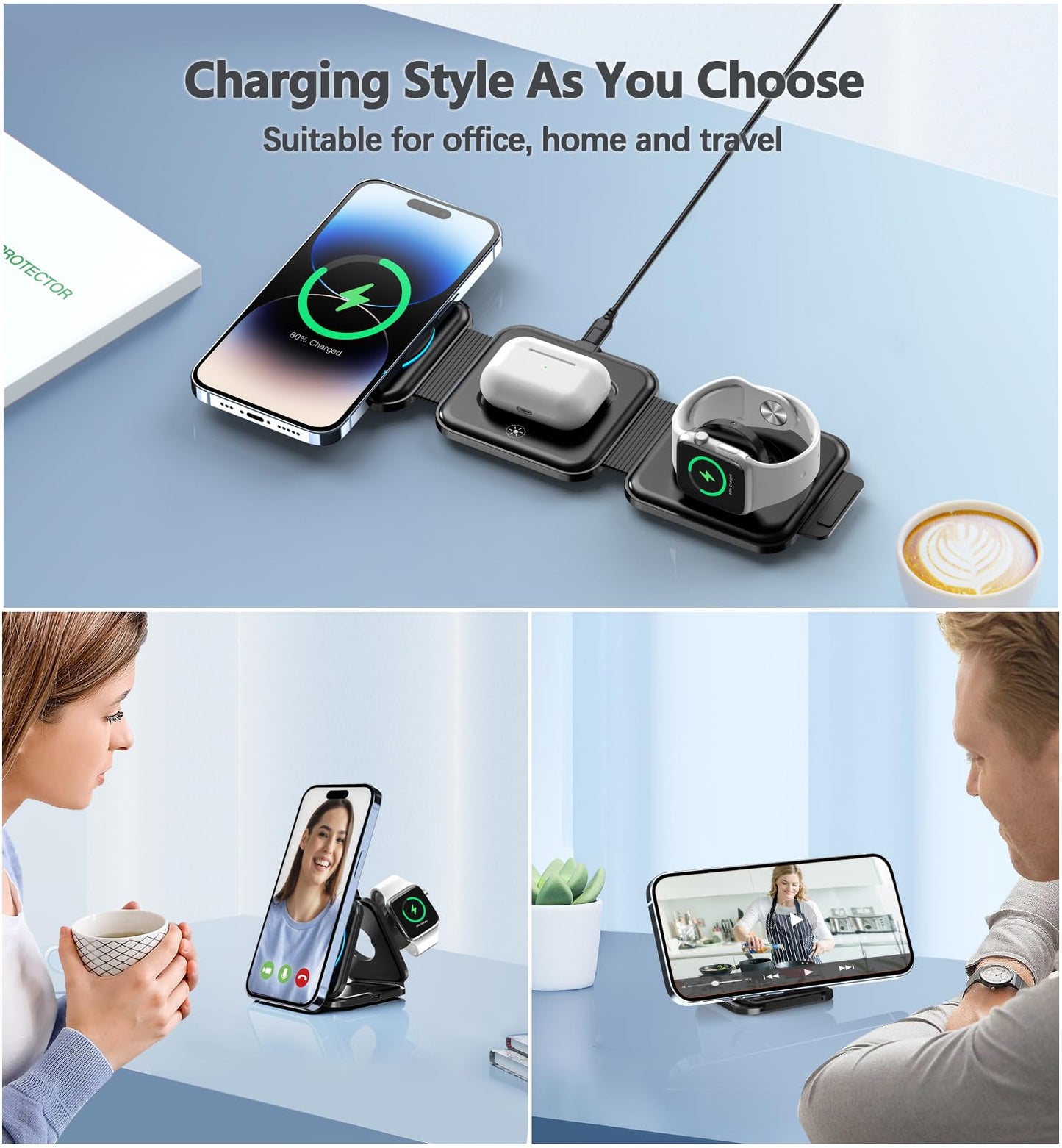 Foldable mag-safe travel charger, 3 in 1 wireless charging station for iPhone 16/15/14/13/12 Series, Apple Watch Charger for iWatch 10/9/Ultra 2/Ultra/8/7/6/SE/5/4/AirPods 4/3/2/Pro(Adapter Included)