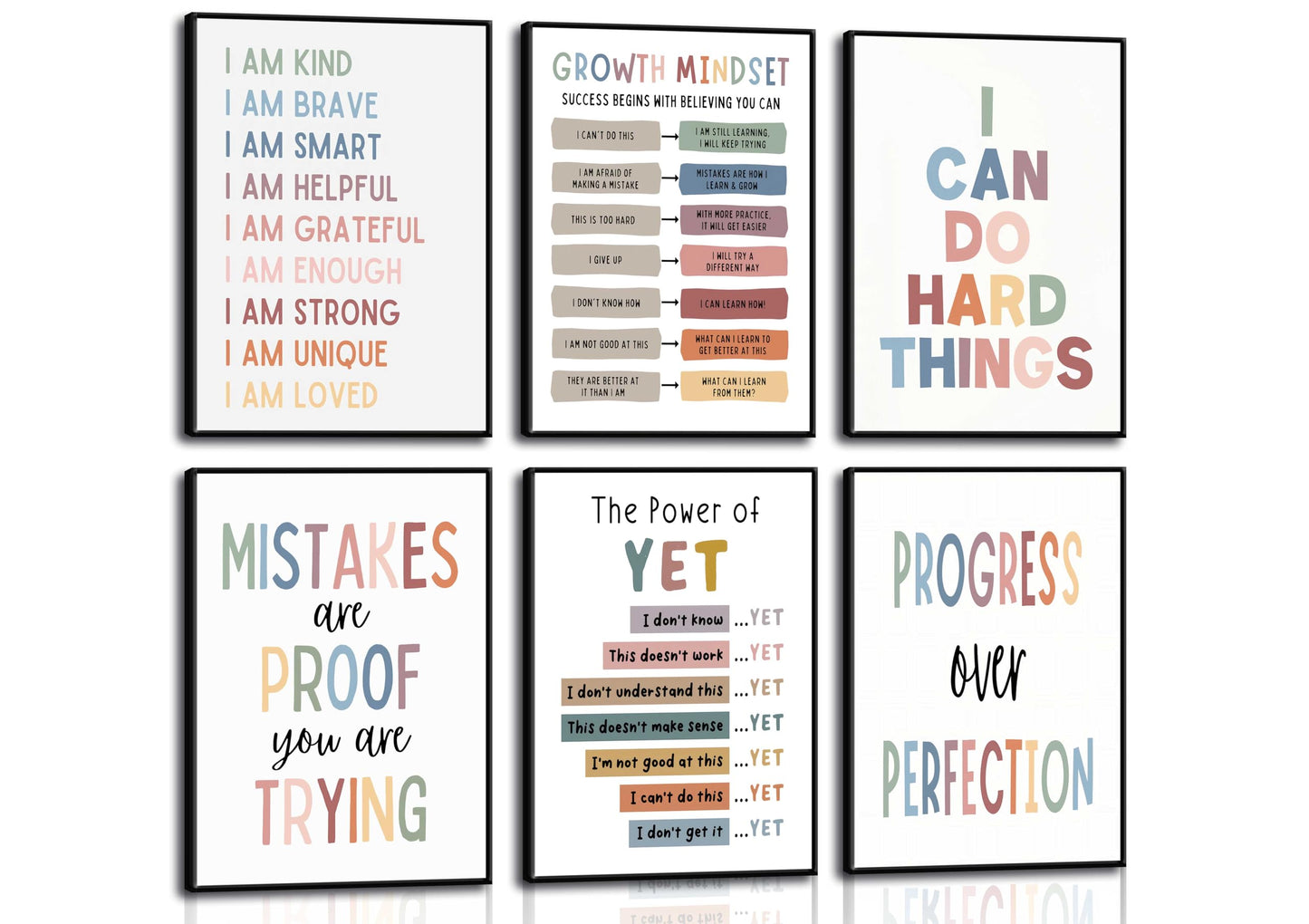 6Pcs Educational Growth Mindset Wall Art Kids Mental Health Therapy Canvas Paintings Positive Affirmations Wall Decor Boho Motivational Quotes Posters Prints for Nursery Classroom Picture Unframed