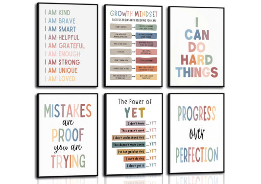 6Pcs Educational Growth Mindset Wall Art Kids Mental Health Therapy Canvas Paintings Positive Affirmations Wall Decor Boho Motivational Quotes Posters Prints for Nursery Classroom Picture Unframed