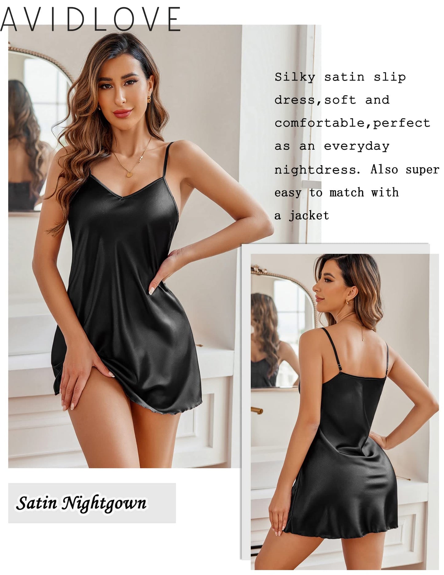 Avidlove Satin Nightgown for Women Silky Slip Dress Black Lingerie Babydoll Nightwear Nightshirt Soft Sleepwear