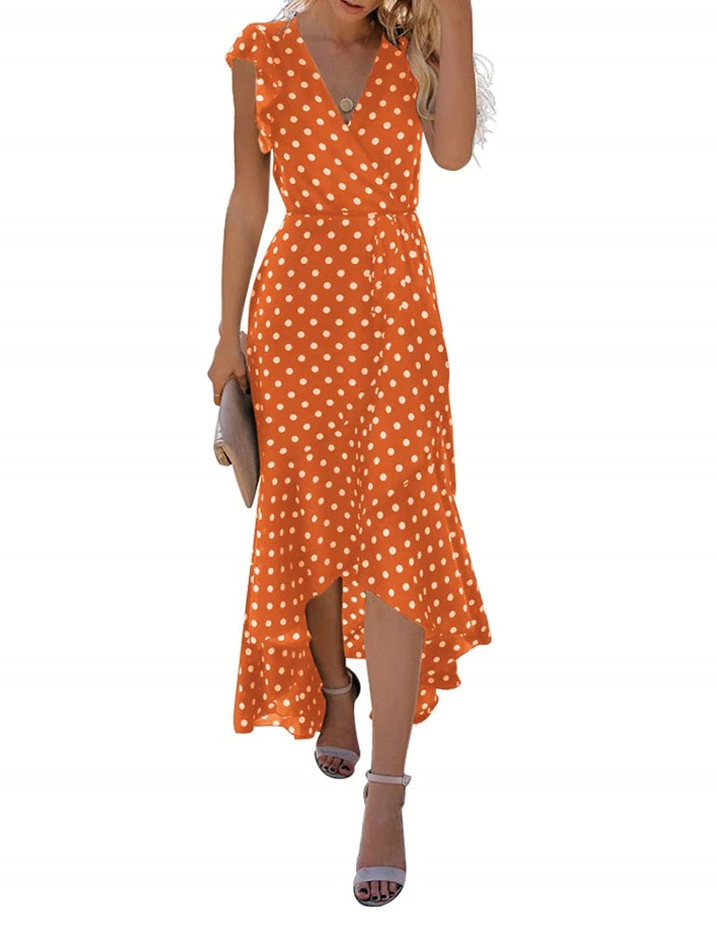 GRECERELLE Womens Summer Maxi Dress Boho Floral Cocktail Polka Dot Wrap Dresses V Neck Casual Party Bohemian Flowy Long Dress for Ladies (Polka Dots-Orange, L)