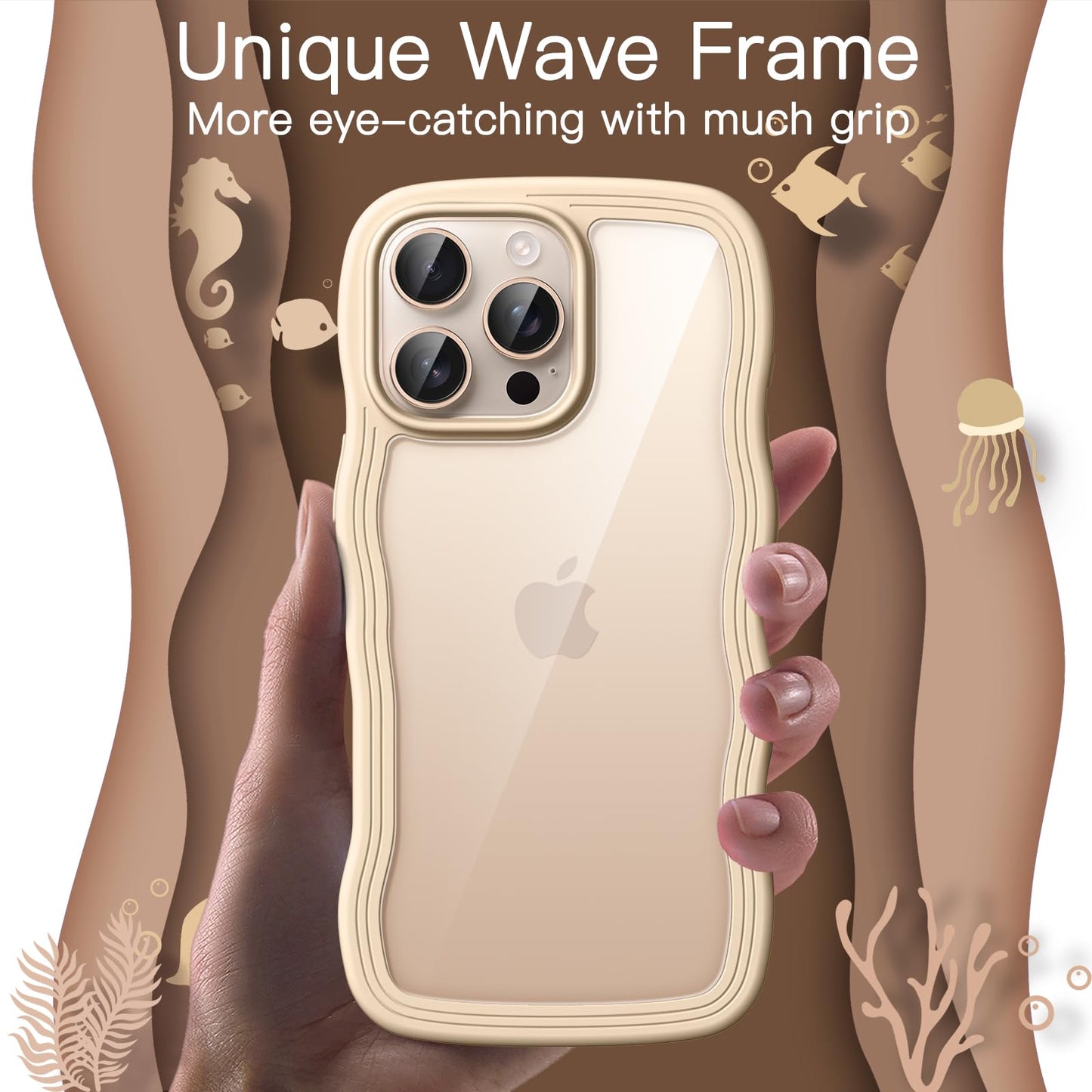 JETech Wavy Case for iPhone 16 Pro Max 6.9-Inch, Cute Wave Frame Curly Shape Shockproof Phone Cover for Women and Girls, Clear Hard PC Back (Desert Titanium)