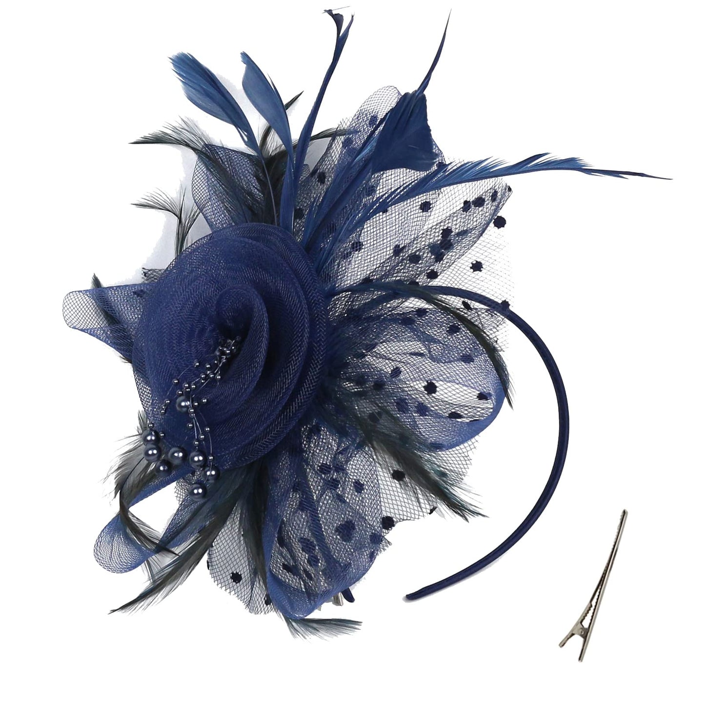 QDC Fascinators Hat for Women Tea Party Headband Kentucky Derby Hats Cocktail Flower Mesh Feathers Headwear Hair Clip for Wedding (Darkblue)