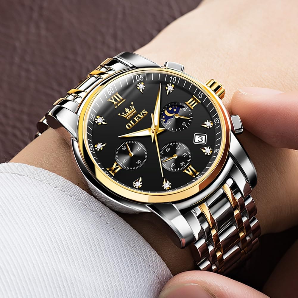 OLEVS Mens Watches Chronograph Business Dress Quartz Stainless Steel Waterproof Luminous Date Wrist Watch Black Watch for Men