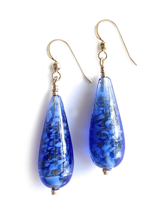 Diana Ingram earrings with blue translucent and white flake Murano glass long pear drops on Sterling Silver or 22 Carat gold vermeil hooks