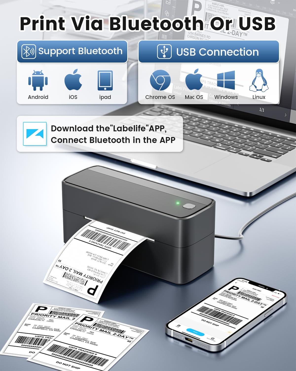 Phomemo 241BT Thermal Printer, Bluetooth Label Printer 4x6, Shipping Label Printer Compatible with Android, IOS And PC, Widely Used for Royal Mail, Hermes, Shopify, Ebay, Amazon, FedEx, UPS. Gray