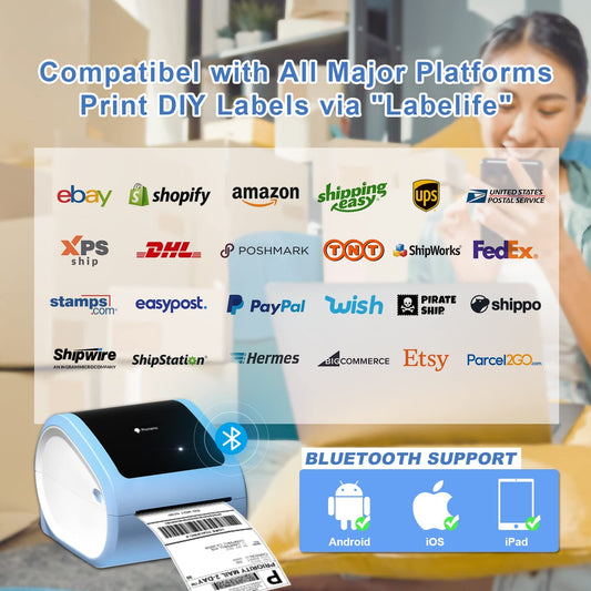 Phomemo Bluetooth Shipping Printer- D520-BT Thermal Label Printer 4x6 Printer for Small Business & Packages, Barcode, Address Labels, Postage, Compatible with Shopify, FedEx, Ebay, Etsy, Blue