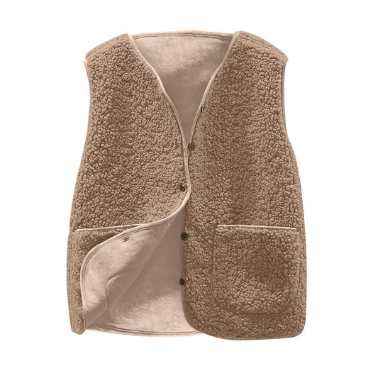 Teddy Fleece Gilet for Women Sleeveless V-neck Button Down Vest Sherpa Fluffy Waistcoat Coat Solid Color Lightweight Cozy Gilets Ladies Winter Soft Jacket with Pockets Fur Fuzzy Coat Outwear Clearance