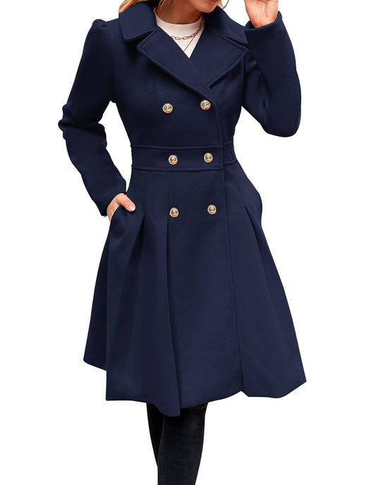 GRACE KARIN Women's Double-Breasted A Line Coat Puffed Sleeve Long Trench Coat Outwear for Winter Navy Blue A-Line Peacoat L