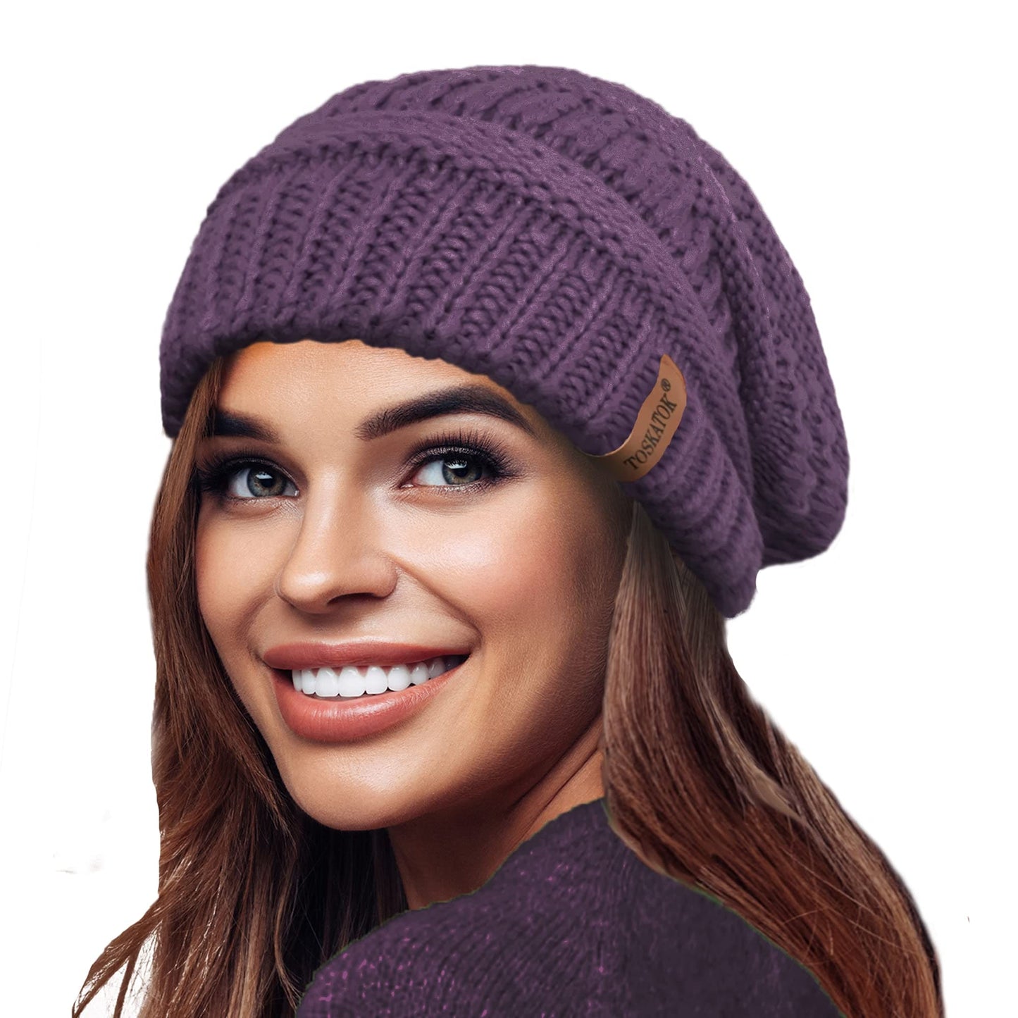 TOSKATOK Ladies Warm Slouch Knit Winter Beanie Hat with Supersoft Velour Thermal Lining ski Cap-Purple