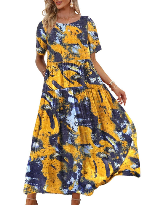 YESNO Women Dresses Casual Plus Size Bohemian Short Sleeve Floral Long Maxi Summer Beach Swing Dress/Pockets XL EJFUK CR141