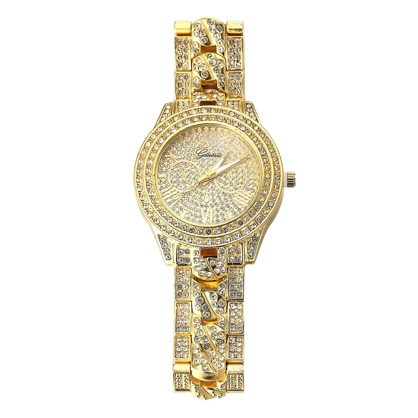 Halukakah Gold Watch Iced Out,Men's 18k Real Gold Plated Cuban Chain Inserted Band Quartz Wristband 9.5"(24cm),Full Cz Diamonds,Free Giftbox