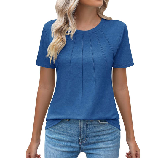 Angxiwan Clearance Deals Free UK Delivery Items Under 1 Pound Women's Blouses & Shirts Womens Casual Crew Neck Short Sleeve Pleated Tops Blouses Fashion Clothes 2024 Blue