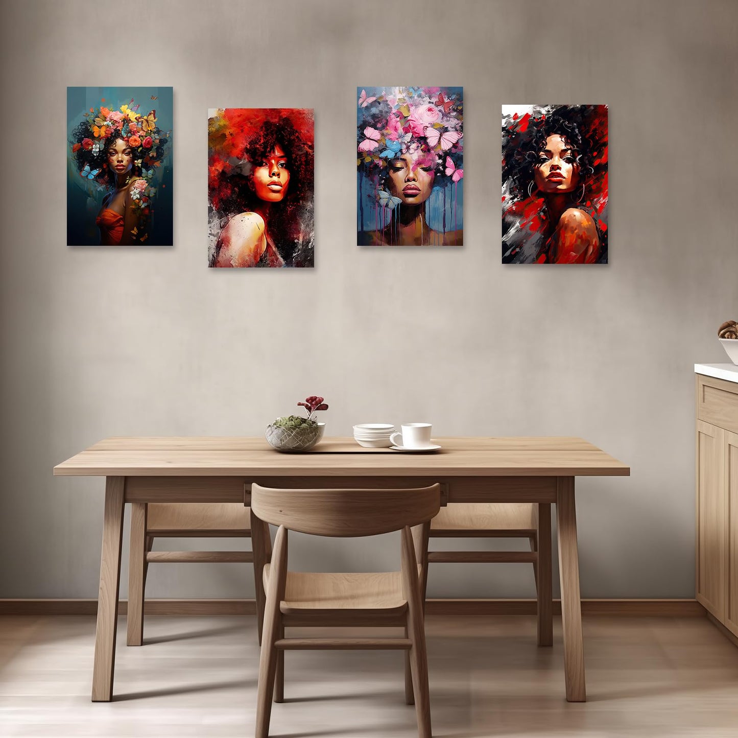 LZIMU African American Canvas Wall Art Abstract Black Women with Butterfly Painting Prints Black Girls Portrait Poster for Bedroom Decor Framed(Picture-4, (12.00" x 18.00"))