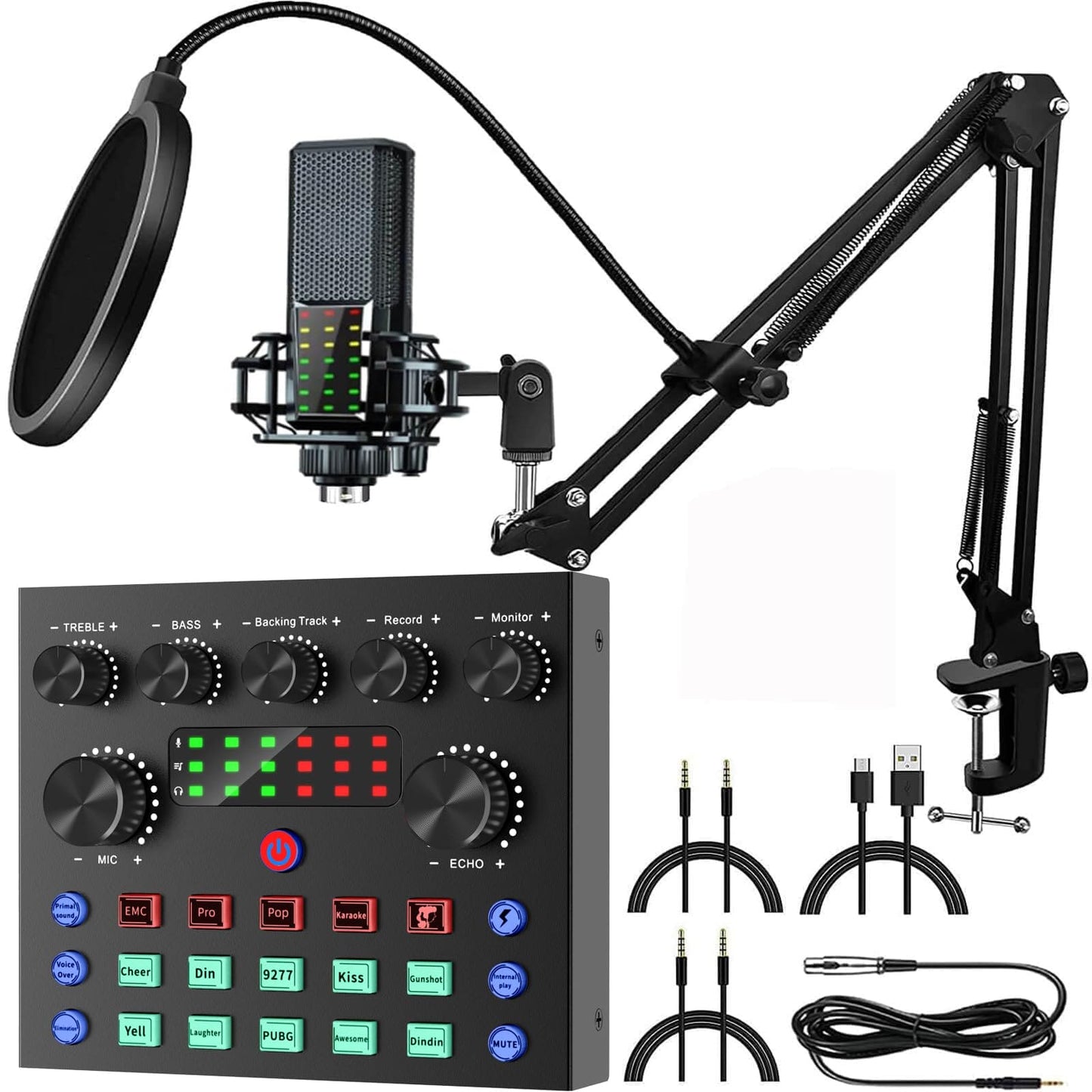 Audio Interface Podcast Equipment Bundle, Gofemial All-in-One DJ Mixer Audio Streaming Podcast Microphone Studio Condenser Mic Kit Gaming PC Phone Karaoke Recording Card Sound Live Voice Changer Board