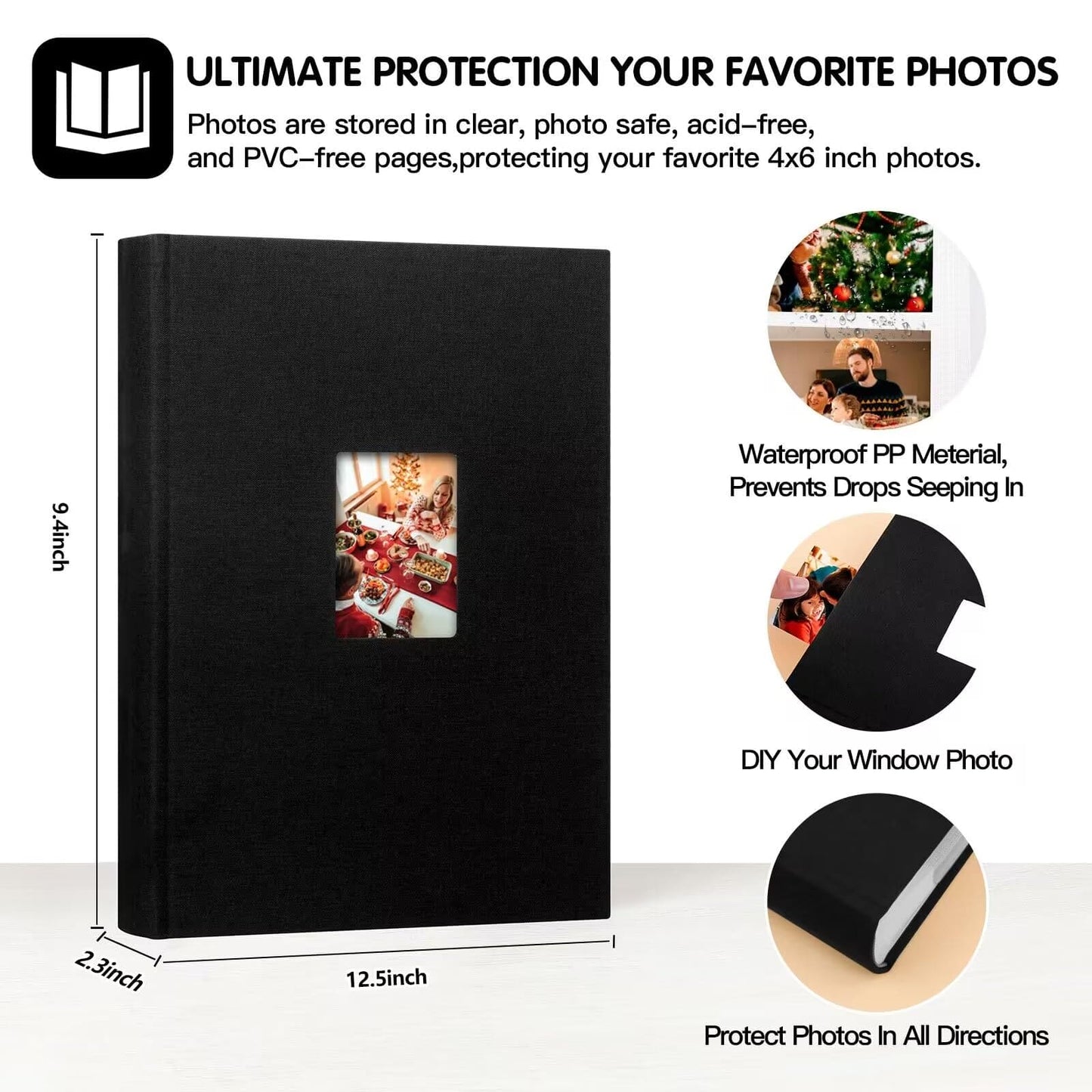 Photo Album 4x6 450 Photos with Writing Space, 4x6 Photo Album Linen Cover with Front Window, 4x6 Picture Album, 450 Photos 4x6 Photo Album Book for Wedding Kids Travel Family Baby Pictures (Black)