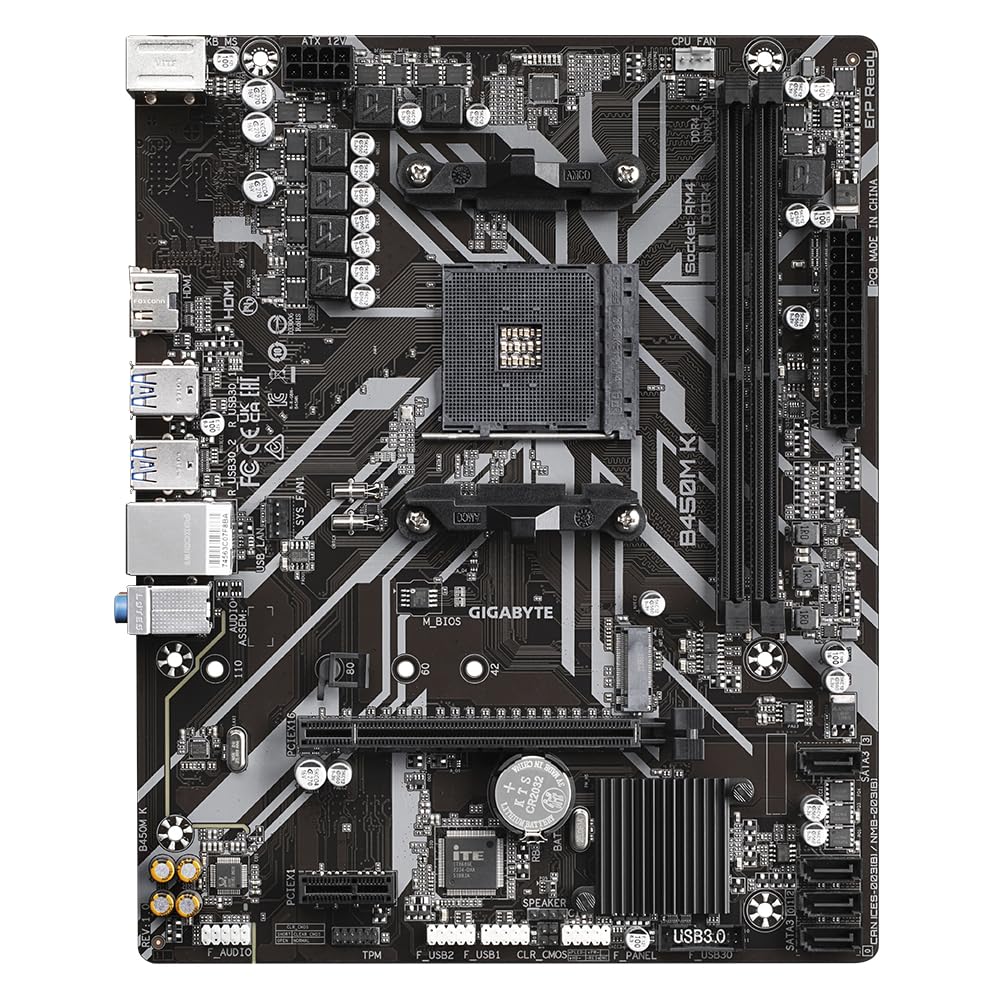 Gigabyte B450M K Motherboard - Supports AMD Series 5000 CPUs, up to 3600MHz DDR4 (OC), 1xPCIe 3.0 x4 M.2, GbE LAN, USB 3.2 Gen 1