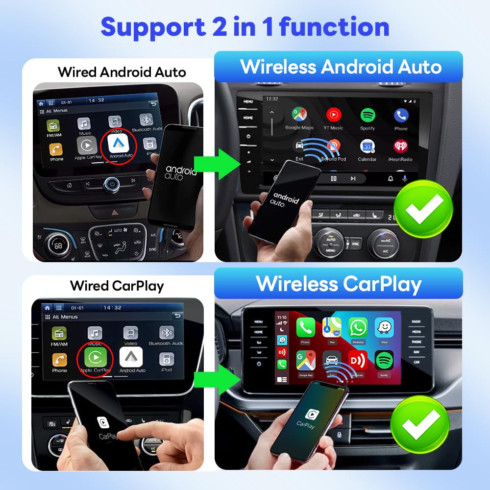 Carlinkit 5.0 Carplay Wireless and Android Auto 2 in1 Adapter,CarPlay Android Auto Wireless Adapter,Plug and Play,5GHz WIFI automatic connection,USB-C & USB-A Compatible with Car from 2016+