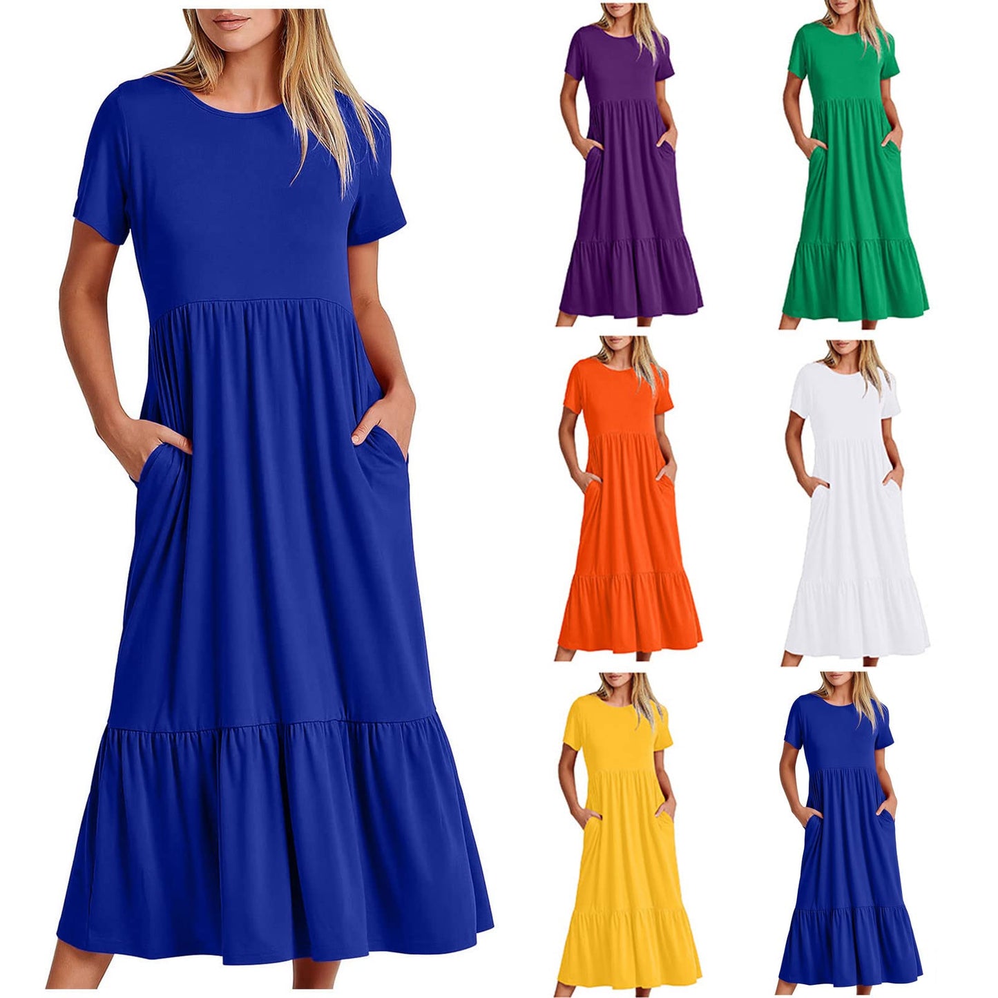 AMhomely Women Dress Sale Summer Casual Short Sleeve Crewneck Swing Dress Flowy Tiered Maxi Beach Dress w/ Pockets UK Ladies Dress Party Beach Dress Club Cocktail Work Dresses, Blue#1, XL