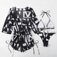 OYOANGLE Women's 3 Piece Graphic Halter Triangle Bikini Swimsuit with Drawstring Cover Up Black White S