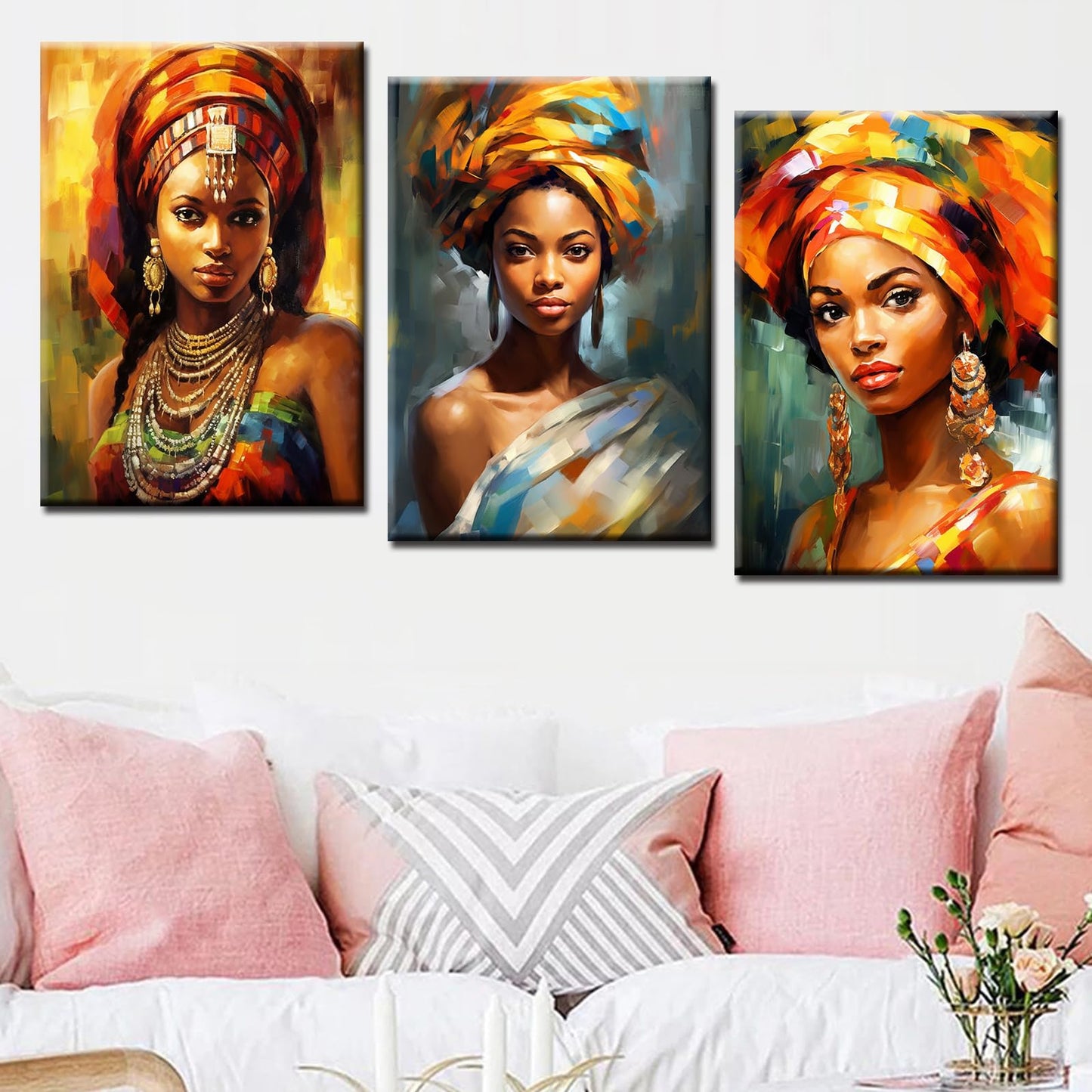 Tucocoo 3 Piece Canvas Wall Art African Fashion Women Pictures Beautiful Black Girl Portrait Paintings Contemporary Artwork Home Decor for Living Room Framed Gallery-wrapped Ready to Hang 42''Wx20''H