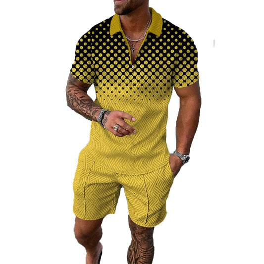 Size 2XL Yellow Black Dot Mixed Mens Short Sets 2 Piece Outfits Polo Shirt Fashion Summer Tracksuits Casual Set Short Sleeve and Shorts Set for Men