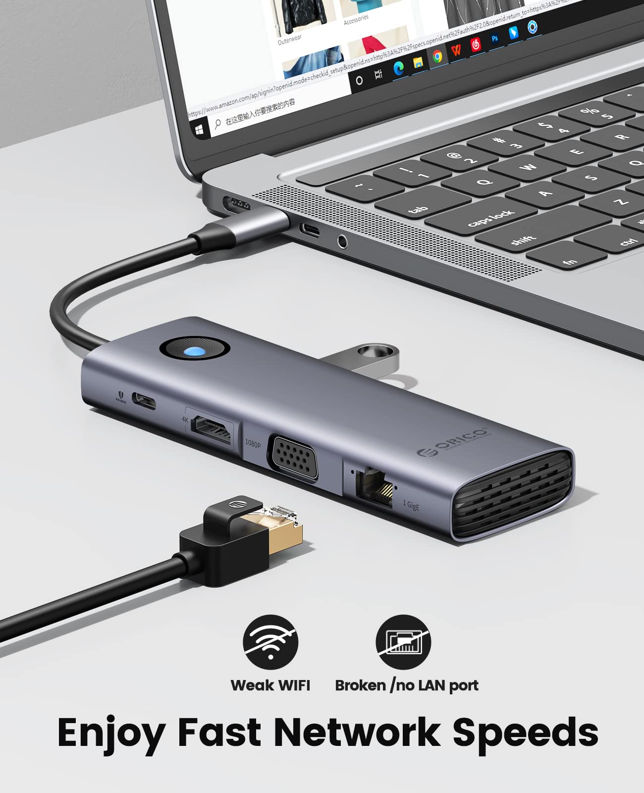 ORICO USB C Docking Station,9 in 1 USB C Dock with 1000Mbps with HDMI 4K+PD100W+3*USB3.0+Ethernet+SD/TF+VGA,USB C Multiport Adapter for MacBook/Dell/HP/Surface/Lenovo