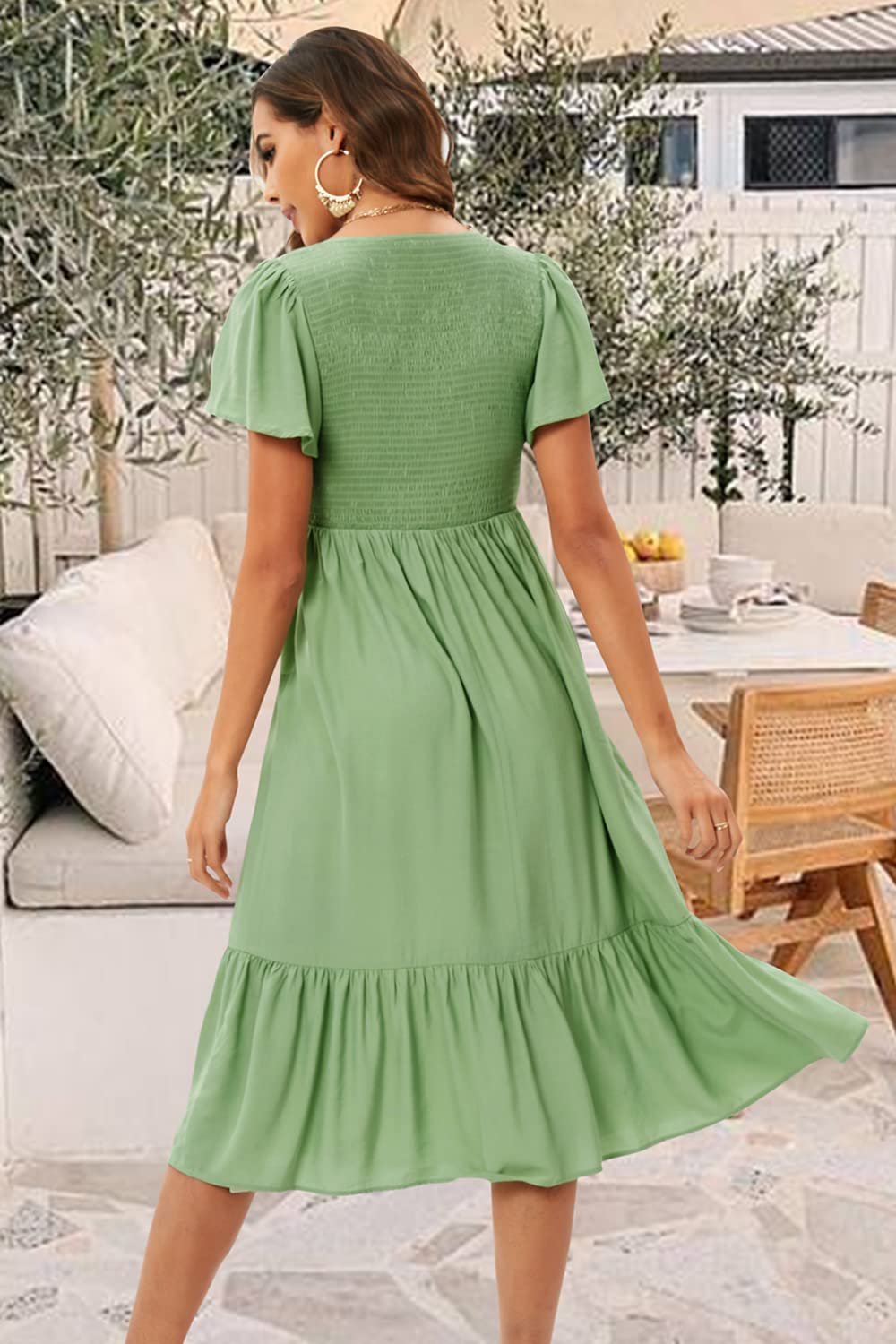 II ININ Summer Dresses for Women UK Short Sleeve Midi Dress V Neck A Line Smocked Long Casual Dress(Light Green,S)