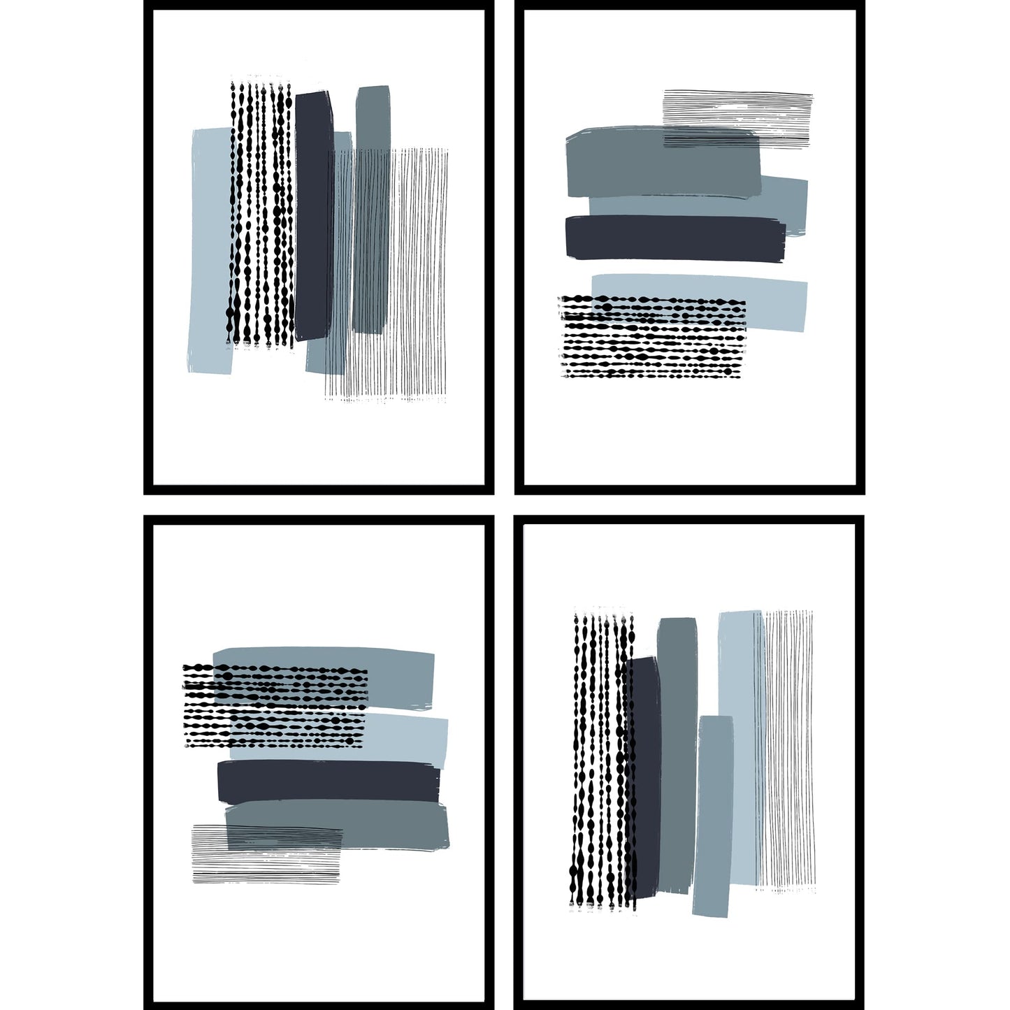 Wood Sage Prints Modern Abstract Wall Art Home Prints - Blue Brush Stroke - Set of 4 A4 - Unframed,A4 - 21cm x 29.7cm