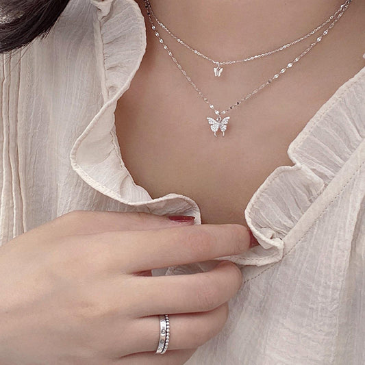 ZAGZIG 925 Sterling Silver Butterfly Necklace for Women Double Layer Clavicle Chain Shiny CZ Necklace Dainty Gifts Party Jewelry Gift