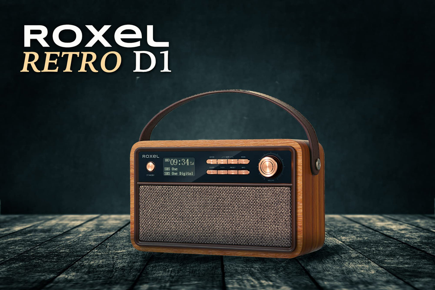 Roxel Retro D1 Vintage DAB+/FM Radio Wireless Speaker | Bedside Alarm Clock with Sleep Function. Rustic Exterior, Mains and USB Rechargeable, TF card, AUX and USB Compatible (Walnut)