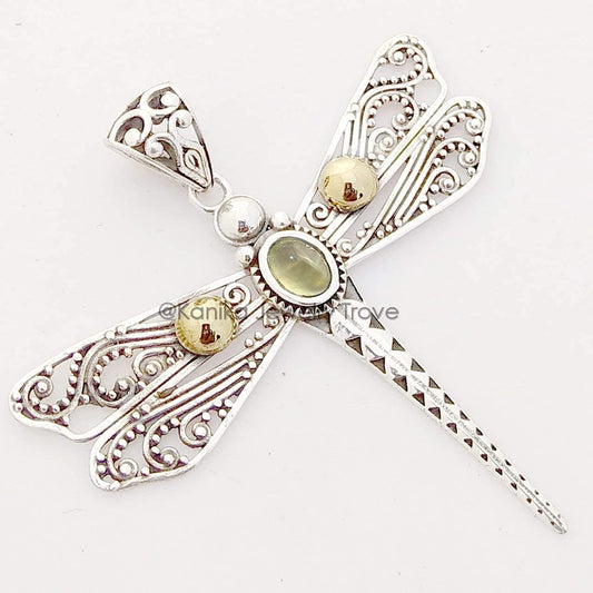 925 Sterling Silver Dragonfly Pendant for Women, Prehnite Pendant, Bohemian Christmas Gift with Golden Ball