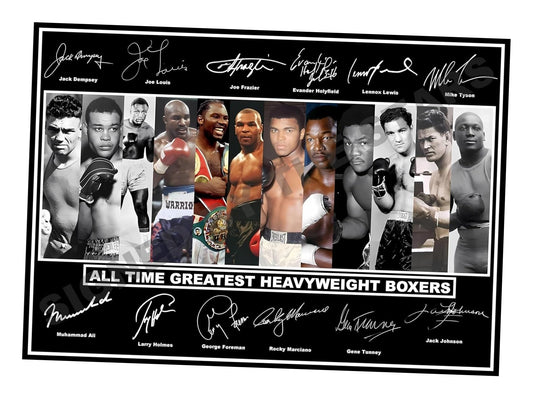 A4 Framed Poster All Time Greatest Heavyweight boxers Signed/Autographed Print. Boxing Muhammad Ali, Mike Tyson etc (A4 Framed 32cm x 23cm)