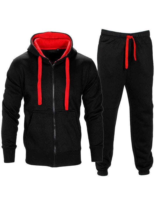 Love My Fashions® Men’s Tracksuit Full Sleeve Contrast Fleece Top & Bottom Cord Set Zipper Hood Jogging Suit Set Plus Sizes