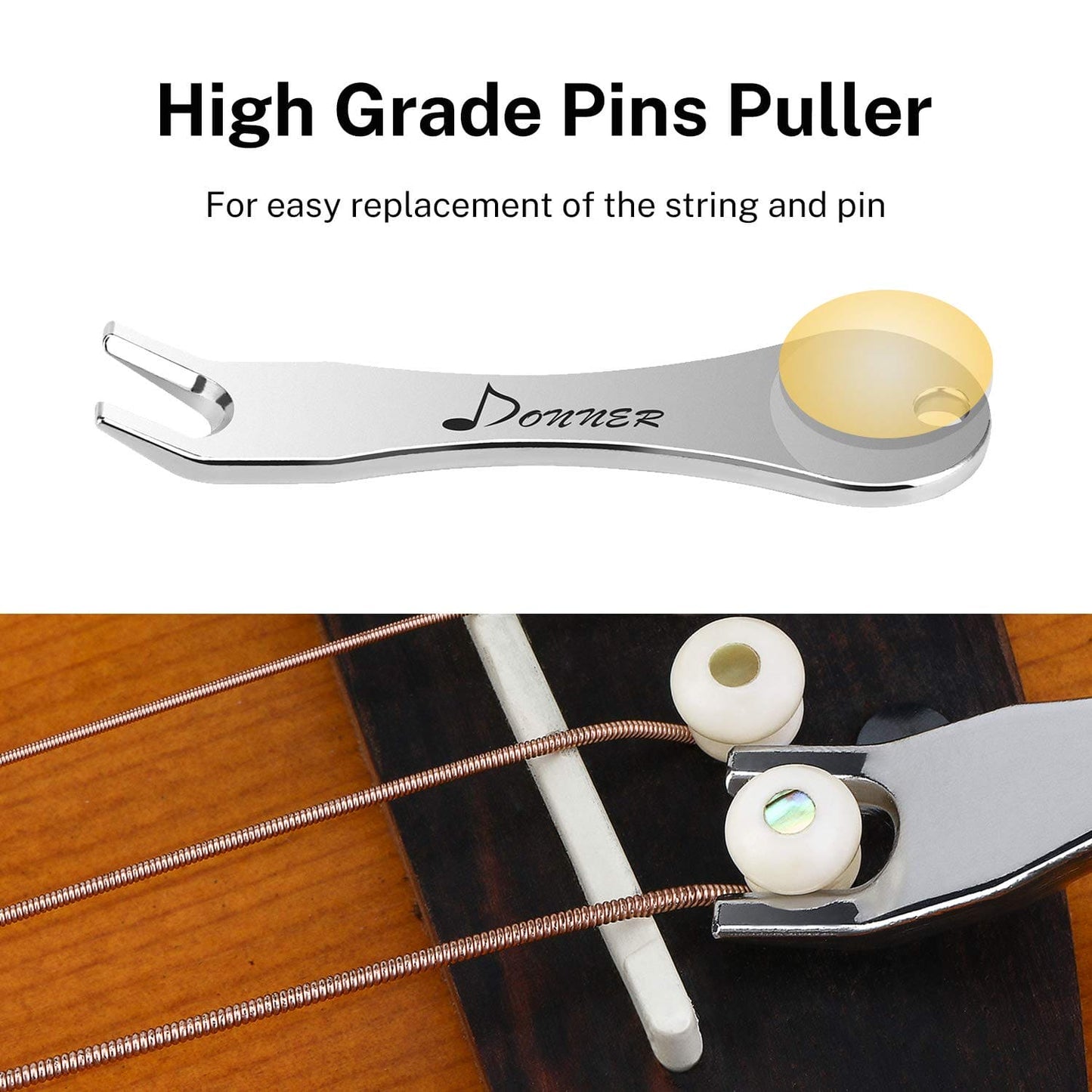 Donner Acoustic Guitar Bridge Pins, 6PCS White Bone Bridge Pins Inlaid 3mm Abalone Dot with Guitar Pins Puller and Sandpaper