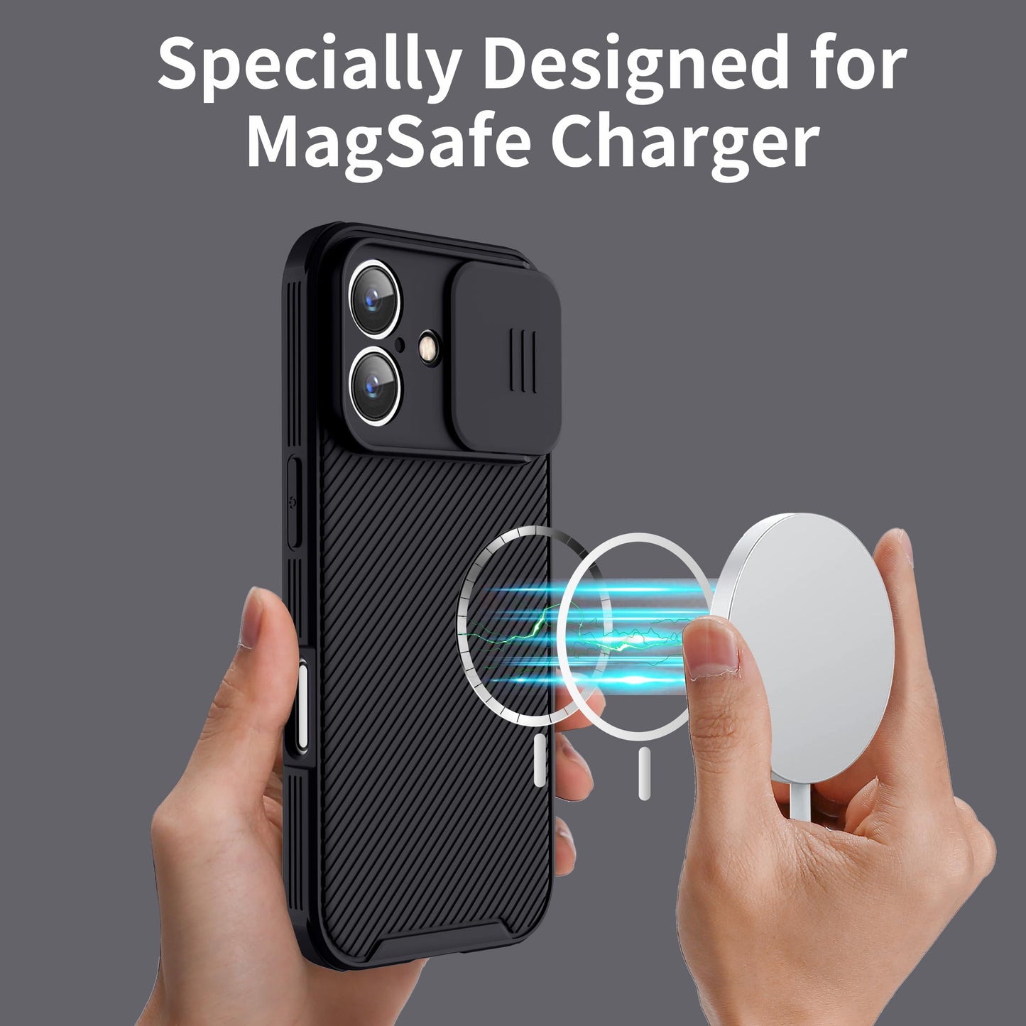 Hitaoyou for iPhone 16 Case Compatible with Magsafe, iPhone 16 Camera Protection Case [Support Wireless Charging] with Slide Lens Cover,Slim Magnetic Case for iPhone 16 Black