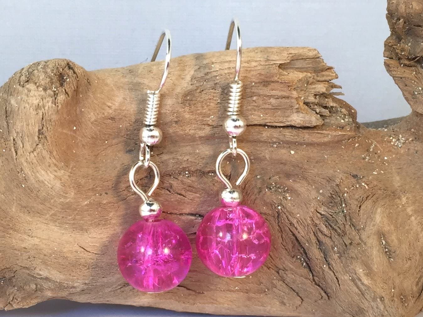 Hot Pink Crackle Glass Bead Earrings - 10mm Round Beads on Nickelfree Hooks