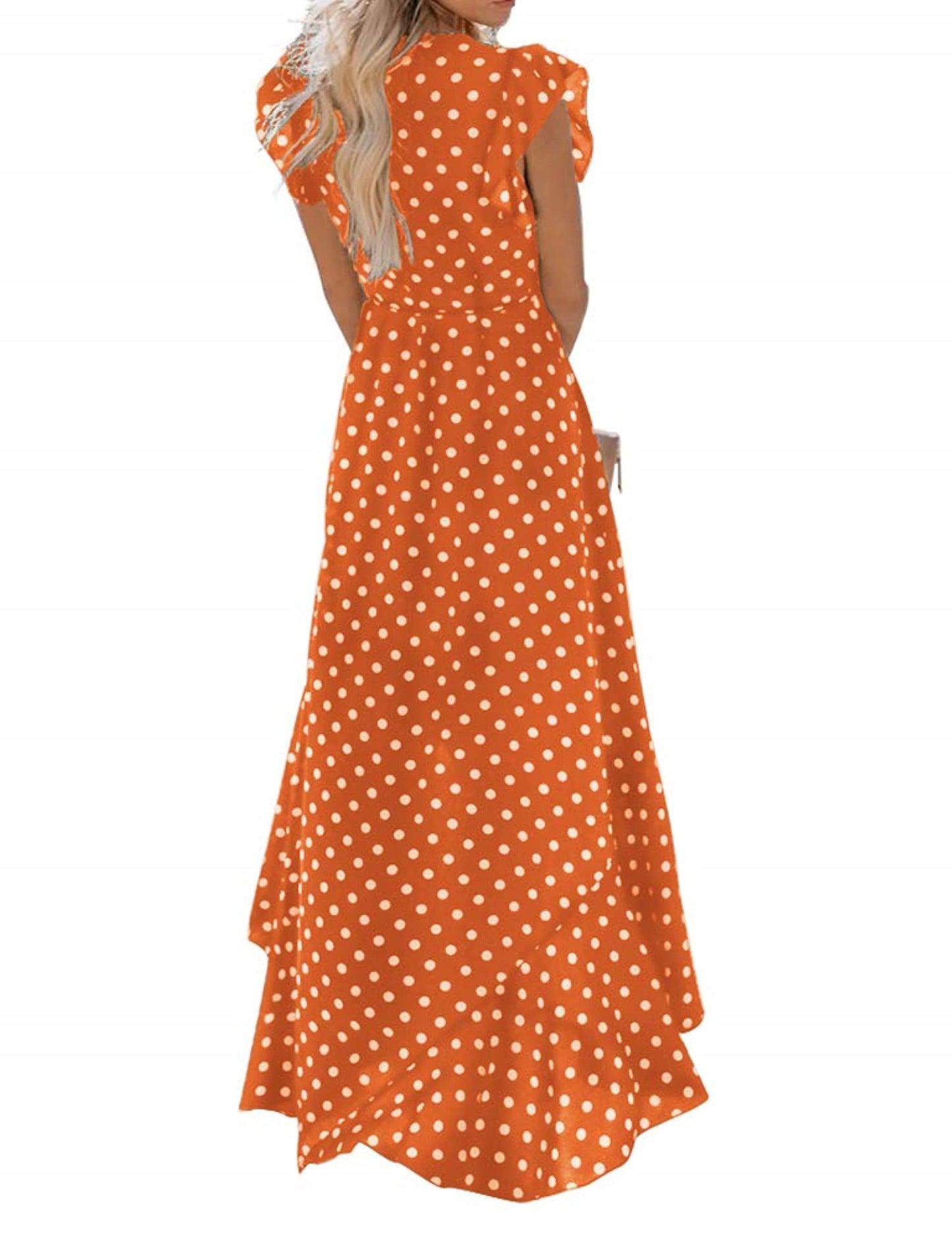 GRECERELLE Womens Summer Maxi Dress Boho Floral Cocktail Polka Dot Wrap Dresses V Neck Casual Party Bohemian Flowy Long Dress for Ladies (Polka Dots-Orange, L)