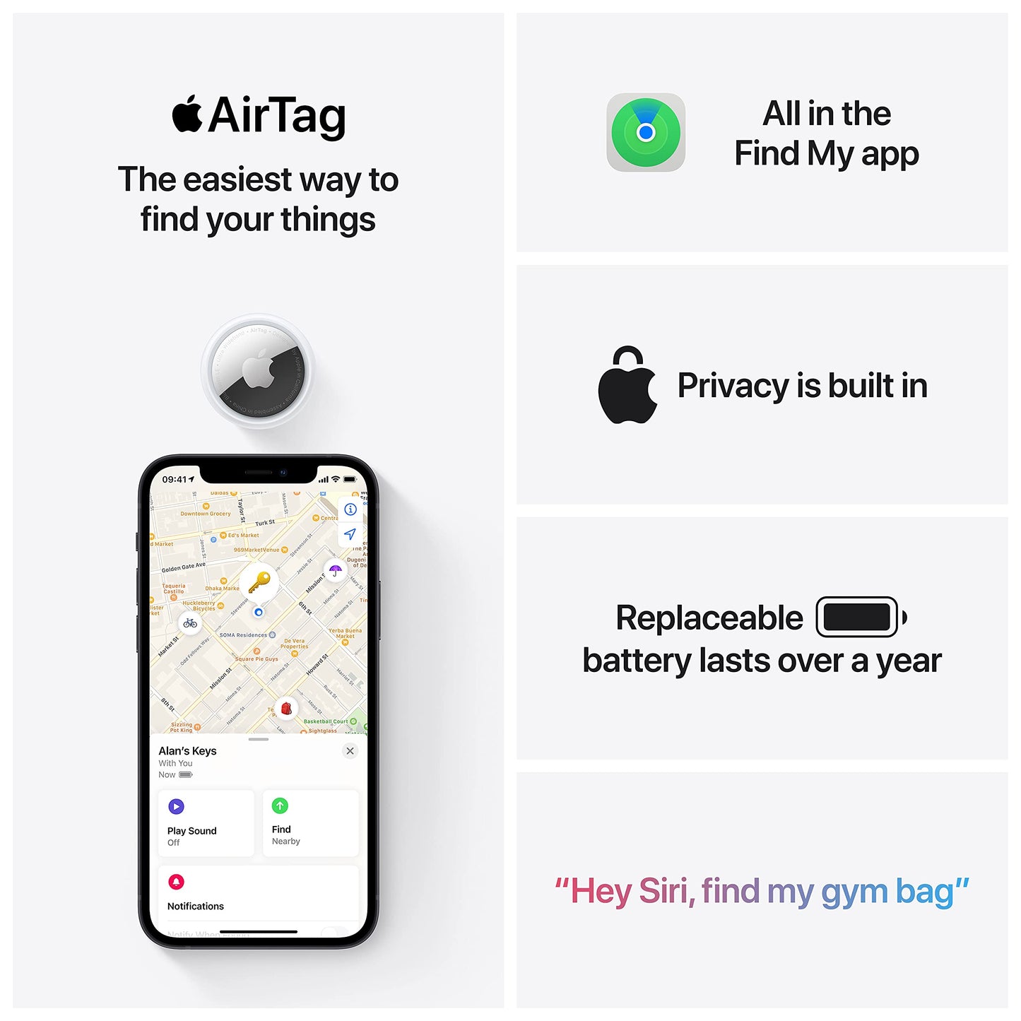 Apple AirTag. Track your keys, wallet, luggage, backpack. Replaceable battery. Water-resistant. One-tap set up with iPhone or iPad.