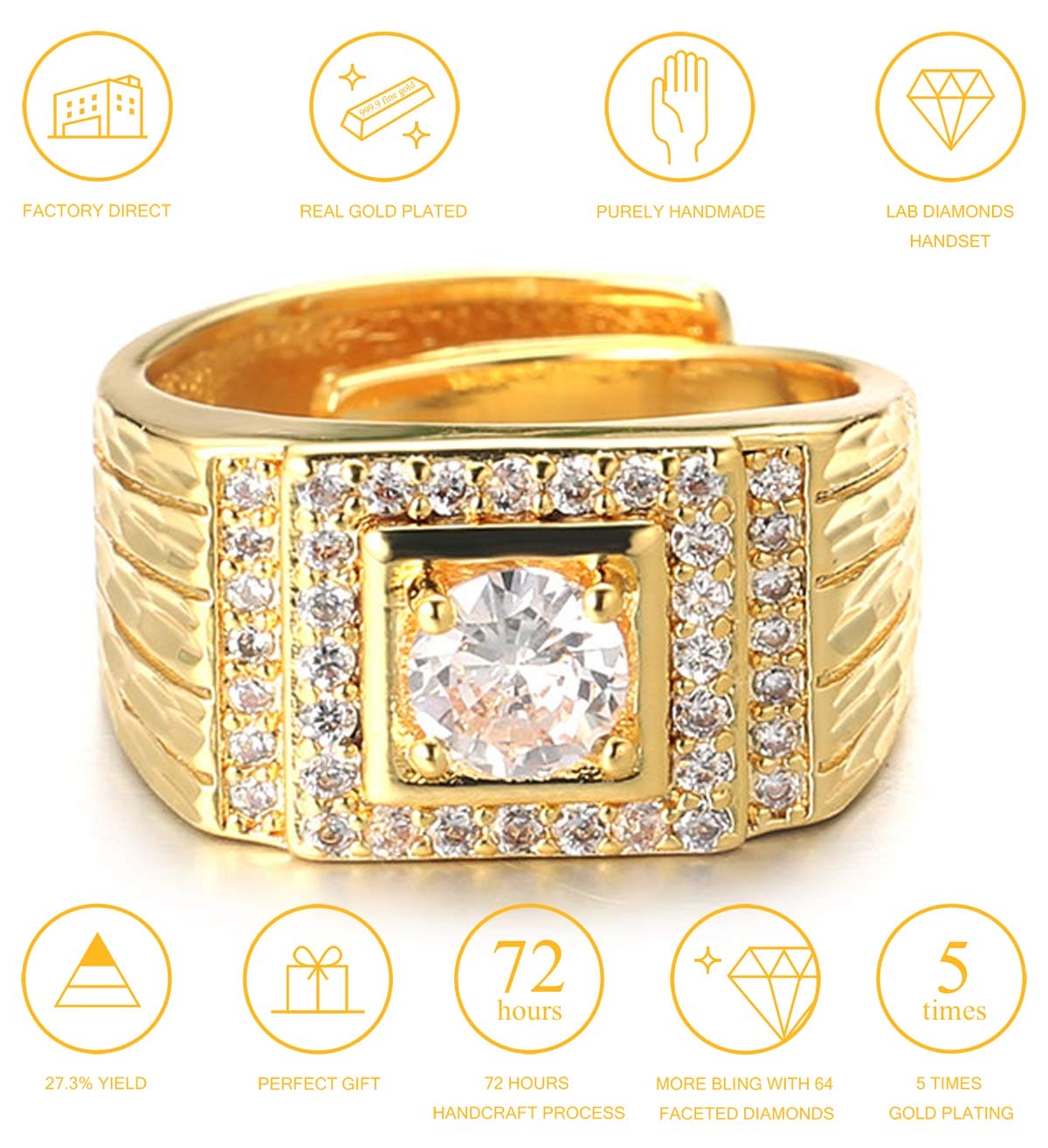 HALUKAKAH Gold Diamond Ring Iced Out,Men's 18k Real Gold Plated Ring Size Adjustable with Free Giftbox