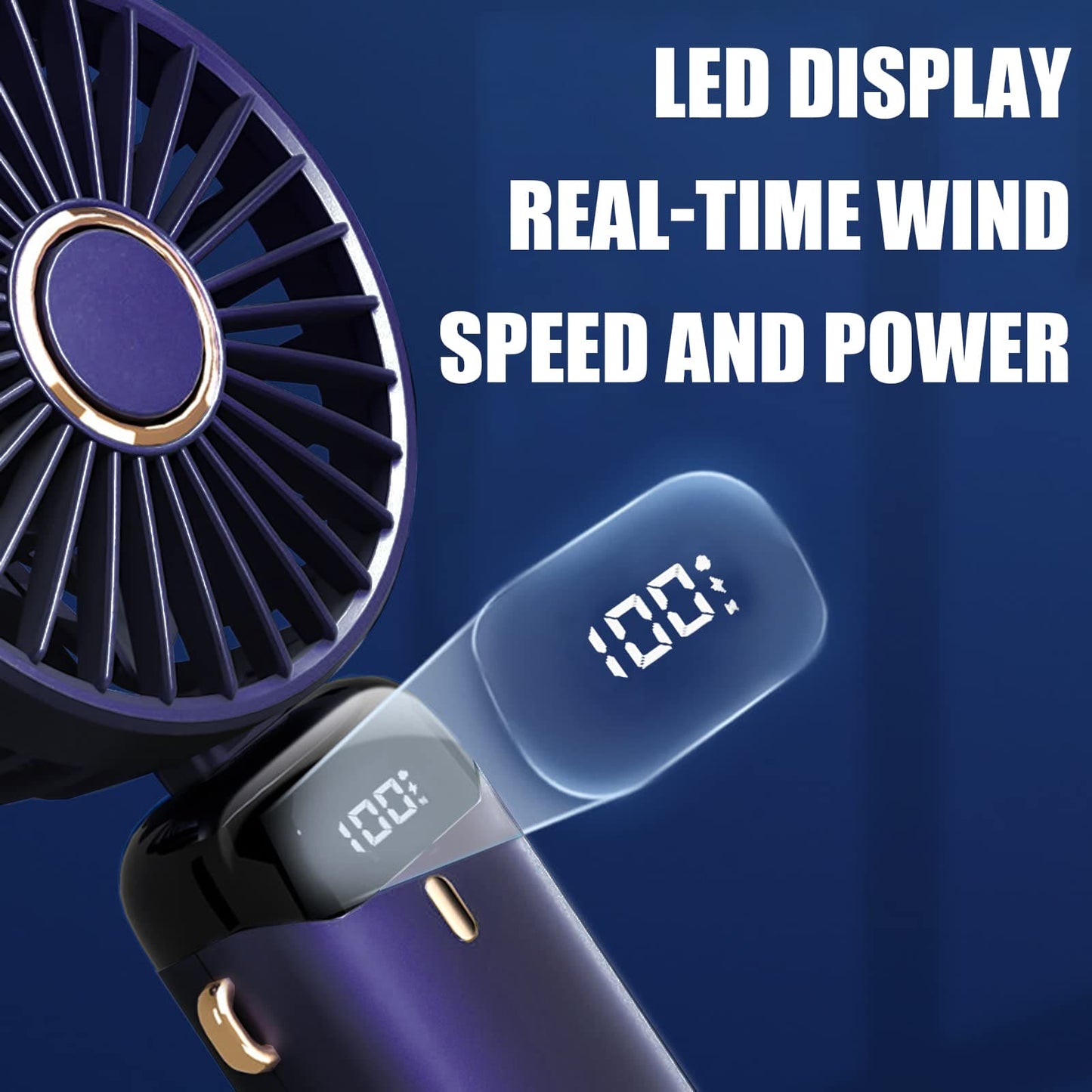 Jsdoin Hand Held Fan,Portable Handheld USB Rechargeable Fans with 5 Speeds,Battery Operated Mini Fan Foldable Desk Desktop Fans with LED Display for Home Office Bedroom Outdoor Travel (DarkBlue)